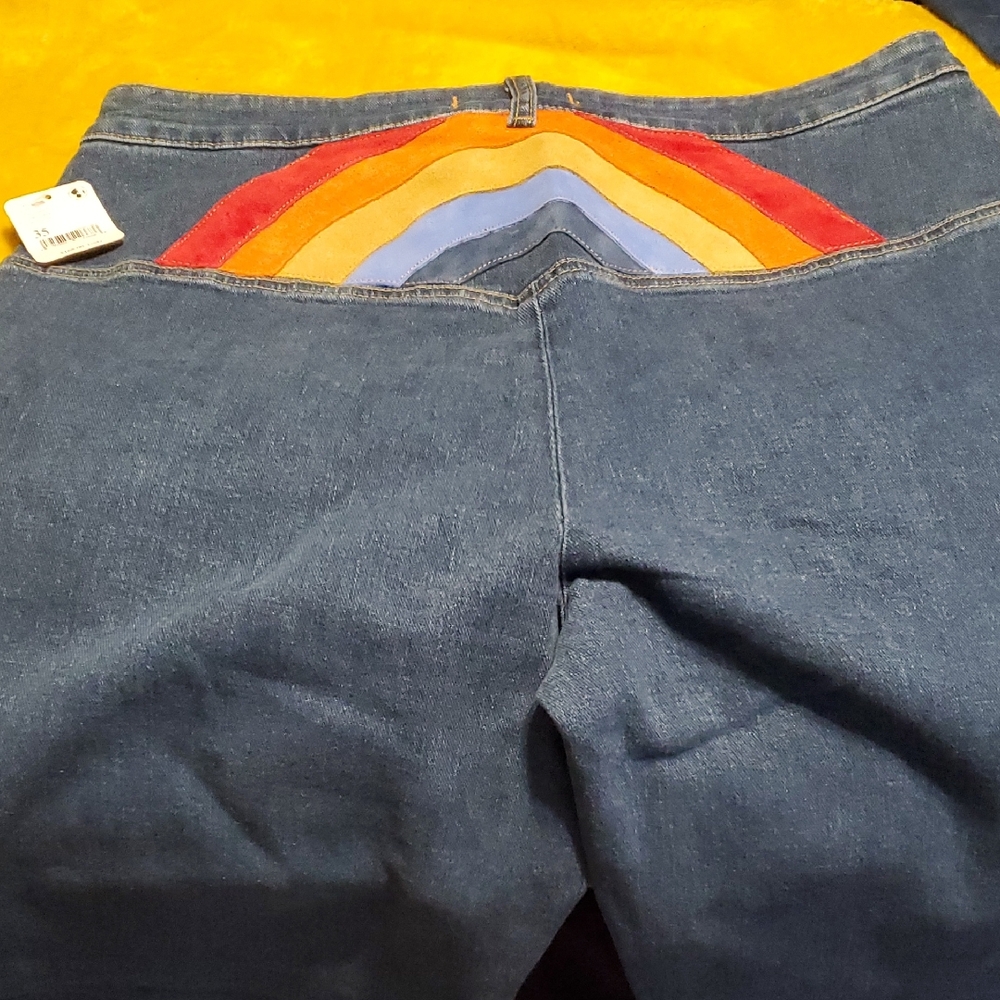 Free People Blue Boot Cut Jeans with Rainbow Design